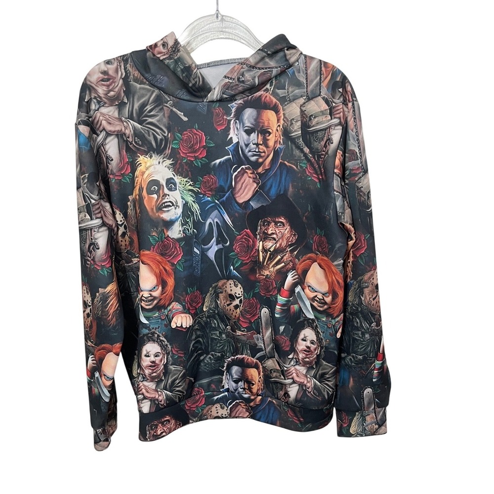 Unbranded Horror Collage Hoodie‎ Mens Small Black All Over Print Slasher Movie